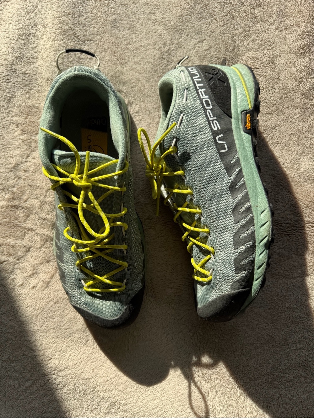 La Sportiva Women's Trail Runners in Sage Green with Yellow Laces